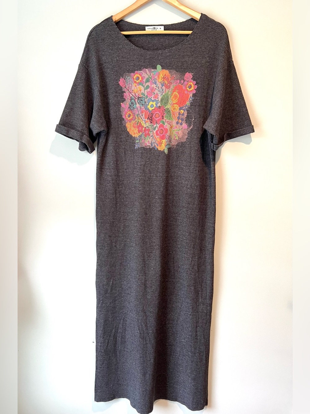 Natural Life Rowan Waffle Knit Floral Maxi Dress Size M Gray Boho
